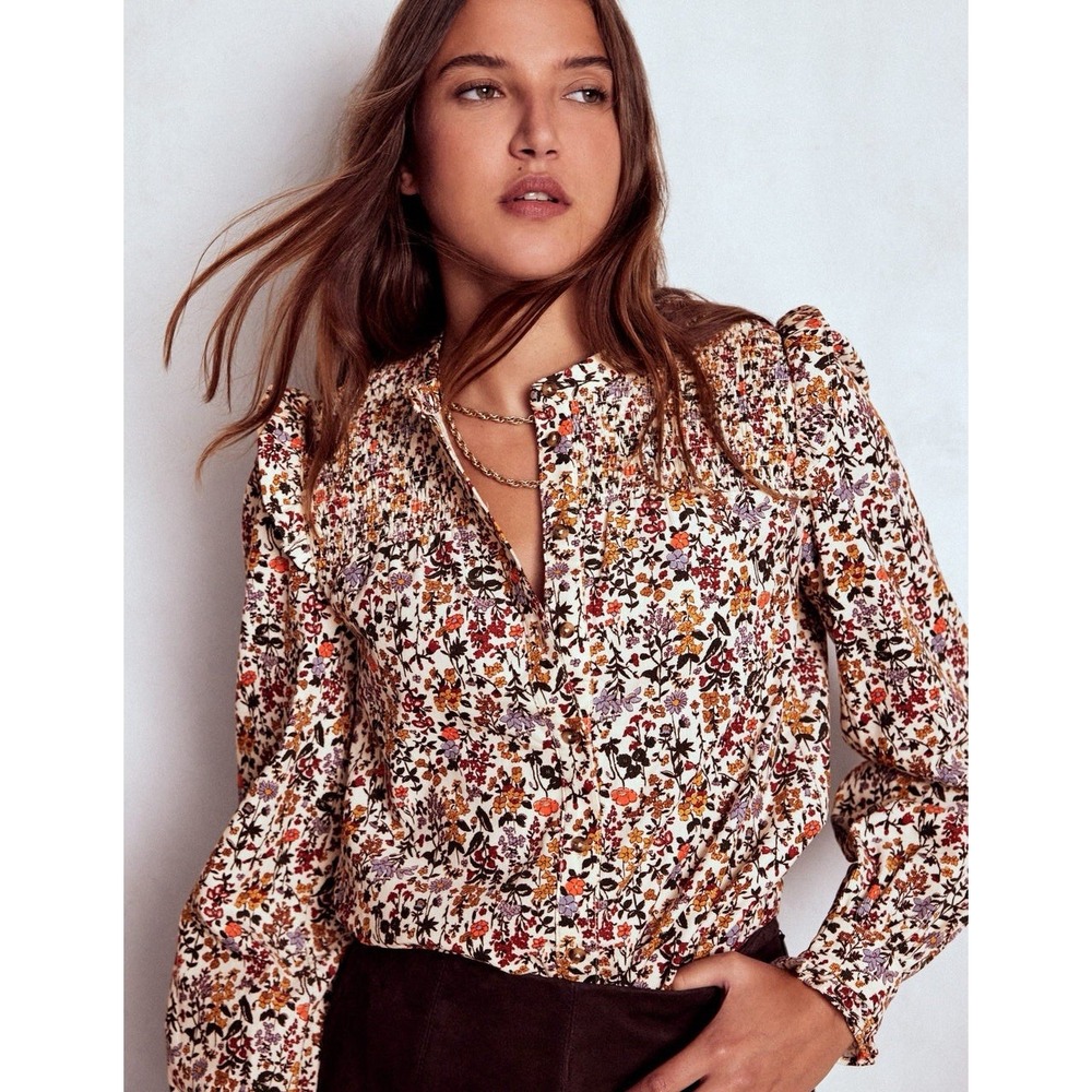 Boden Cream Smocked Yoke Cord Top Women's Sz 16-18 Floral Boho Button Up $190